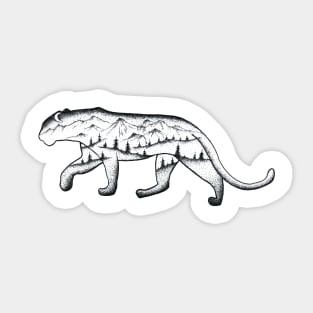 Black and white illustration of leopard with landscape Sticker